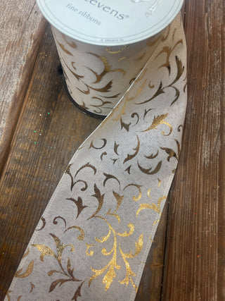 RIBBON - 4X10 LINEN GOLD FOIL SWIRL - IVORY