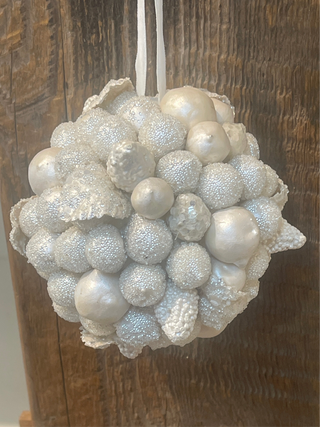 4'' MICRO BEADED W/ PEARL BALL ORNAMENT - IVORY