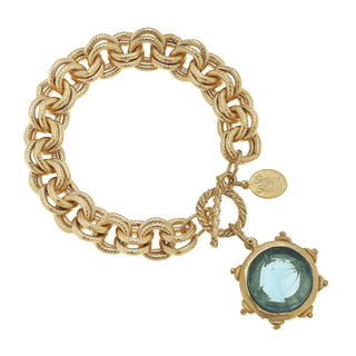 Gold w/ Aqua Ventian Glass Horse Head Intaglio on Gold Chain Bracelet