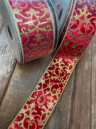 RIBBON - 2.5X10 VELVET GLITTER TREILLAGE - RED HOT