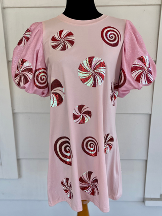 QOS - Light Pink Sequin Poof Sleeve Peppermint Dress