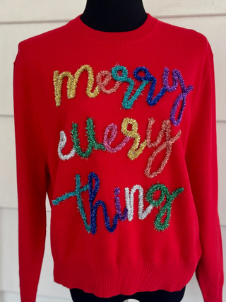 QOS - Red Merry Everything Glitter Script Sweater