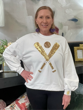 QOS - WHITE & GOLD BASEBALL SWEATSHIRT