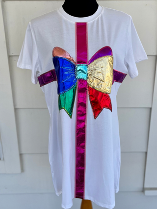 QOS - White & Rainbow Metallic Bow Tee Dress