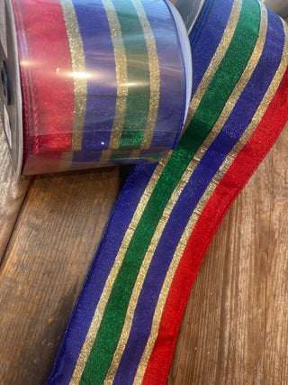 RIBBON - 4X10 NUTCRACKER STRIPES - RED/BLUE/GREEN