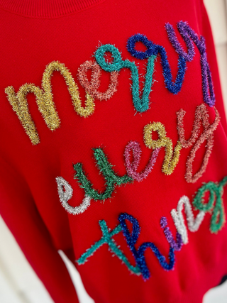QOS - Red Merry Everything Glitter Script Sweater