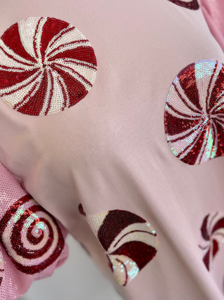 QOS - Light Pink Sequin Poof Sleeve Peppermint Dress