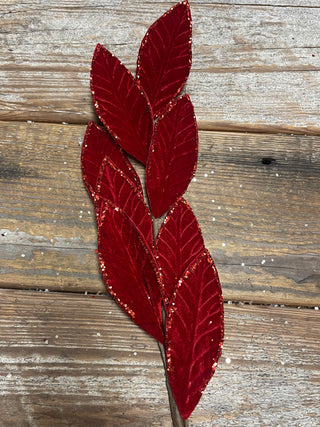 28'' VELVET GLITTER LEAF SPRAY -RED