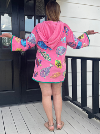 QOS - Pink Multi-Fish Hoody Terry Cloth Coverup