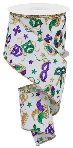 RIBBON -2.5X10 MARDI GRAS PATTERN - WHITE