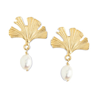 24KT Gold Plated Gingko Leaf & Freshwater Pearl Earring