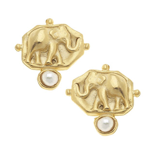 Gold Elephant Intaglio w/ Freshwater Pearl Earring